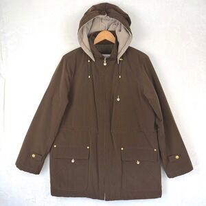 Liz Claiborne Brown Hooded Parka Fleece Lined Jacket Gold Hardware Classic Large